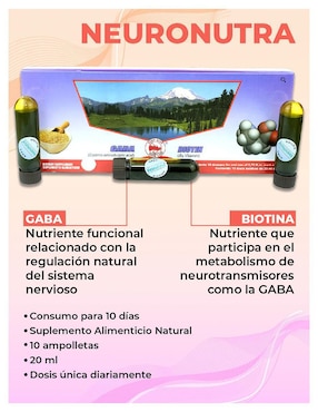 Suplemento alimenticio Neuronutra con gaba y biotina de 10 ampolletas