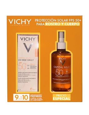 Kit de protector solar FPS 50+ capital soleil UV + agua solar bronceadora Vichy 80 ml