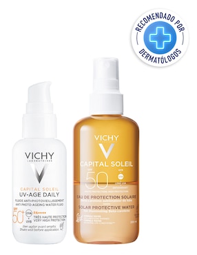 Kit de protector solar FPS 50+ capital soleil UV + agua solar bronceadora Vichy 80 ml