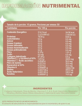 Pure colagin Lemon Cochella con colágeno hidrolizado, fibra de bambú, vitamina E, C y A, ácido hialurónico, resveratrol, keratina y biotina sabor manzana y canela de 500 G