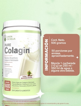 Pure colagin Lemon Cochella con colágeno hidrolizado, fibra de bambú, vitamina E, C y A, ácido hialurónico, resveratrol, keratina y biotina sabor manzana y canela de 500 G