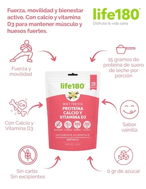 Proteína con calcio y vitamina D3 en polvo Life 180 con proteína de suero de leche sabor vainilla de 340 G