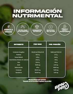 Matcha Con Adaptógenos BPN Pro con hongo reishi, melena de león y rodhiola rosea sabor matcha de 180 g