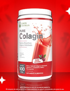 Pure colagin Lemon Cochella con péptidos bioactivos, cólageno hidrolizado, vitamina c condroitina, MSM y glucosamina sabor jamaica de 500 g