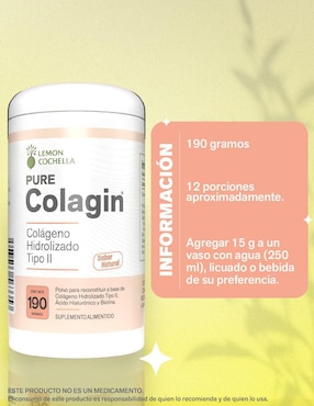 Pure Colagin Lemon Cochella con colágeno hidrolizado tipo II sabor natural de 190 g