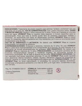 Tabletas para malestar estomacal Vermox Plus