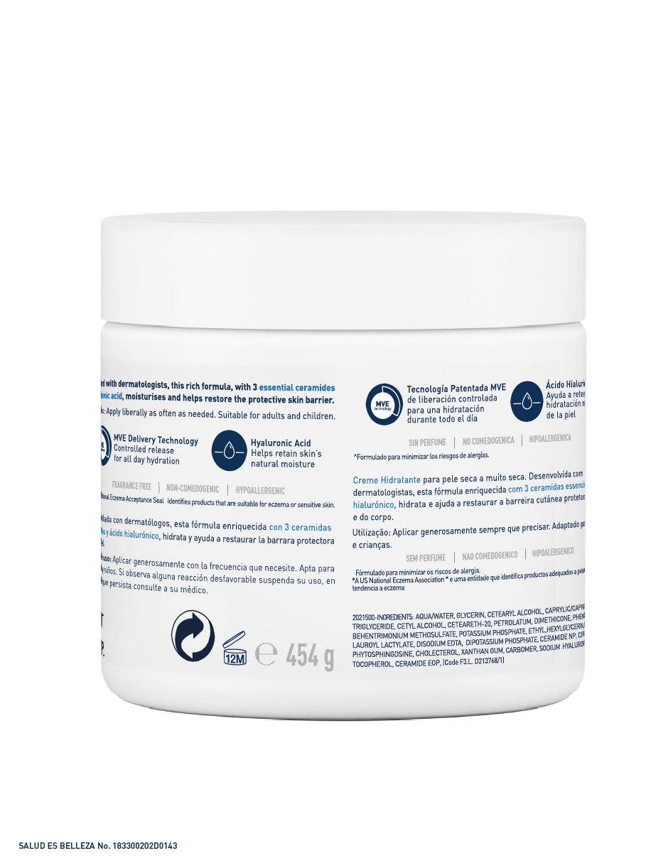 Crema para rostro y cuerpo recomendada para hidratar día y noche Cerave Hidratantes para todo tipo piel 10