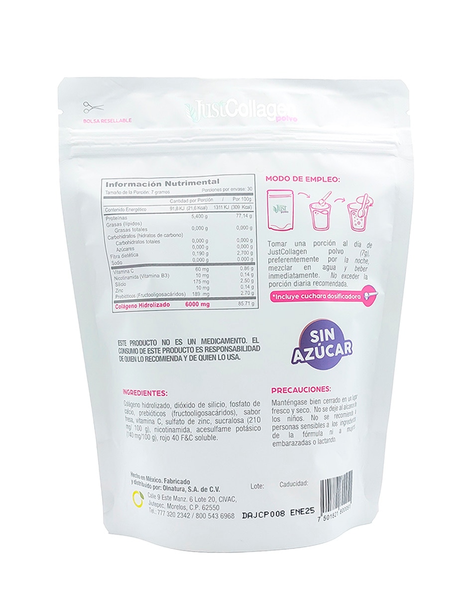 Justcollagen en polvo 210 gramos con colágeno sabor fresa de 210 g 2