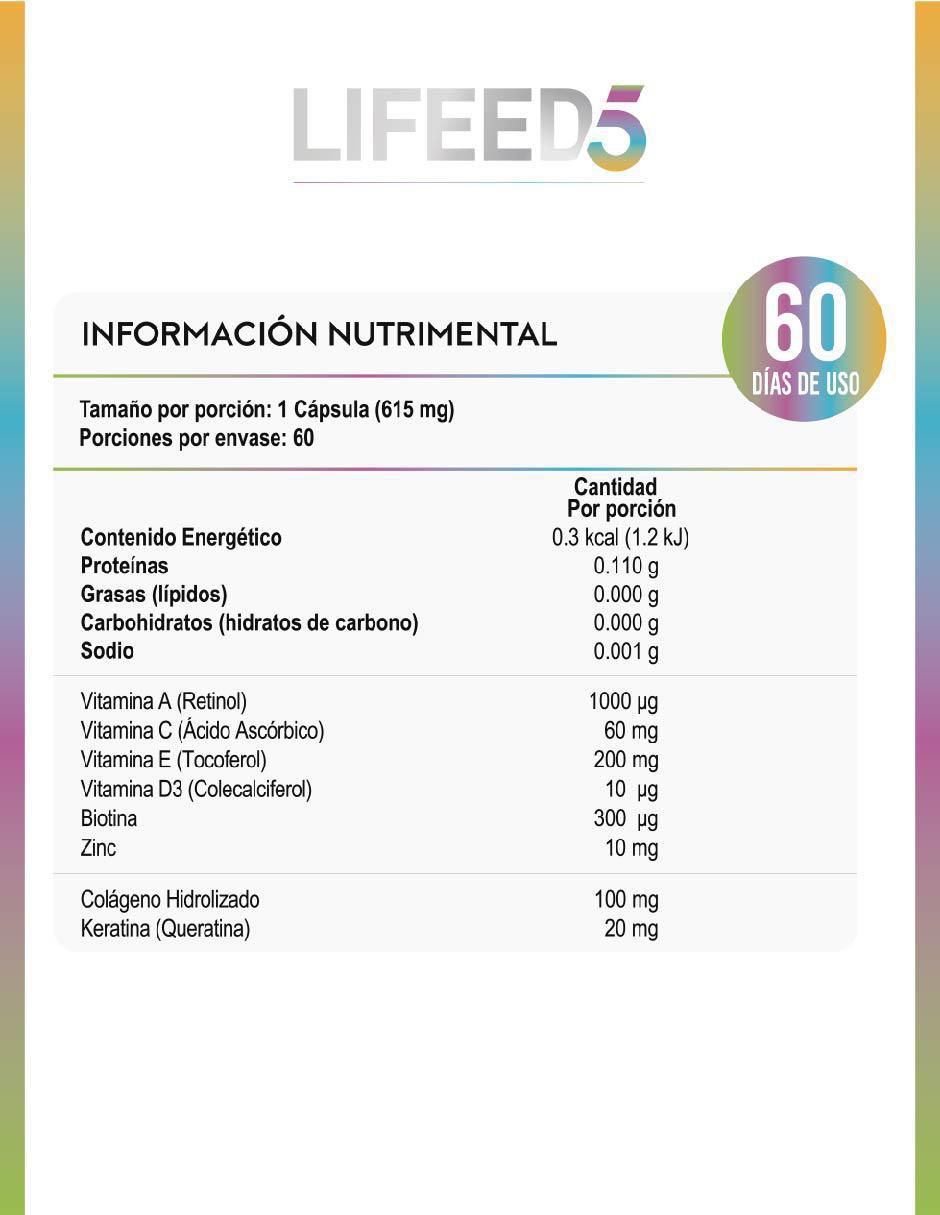 Cápsulas a base de Colágeno + Keratina + Biotina + Vitamina E Lifeed5 3