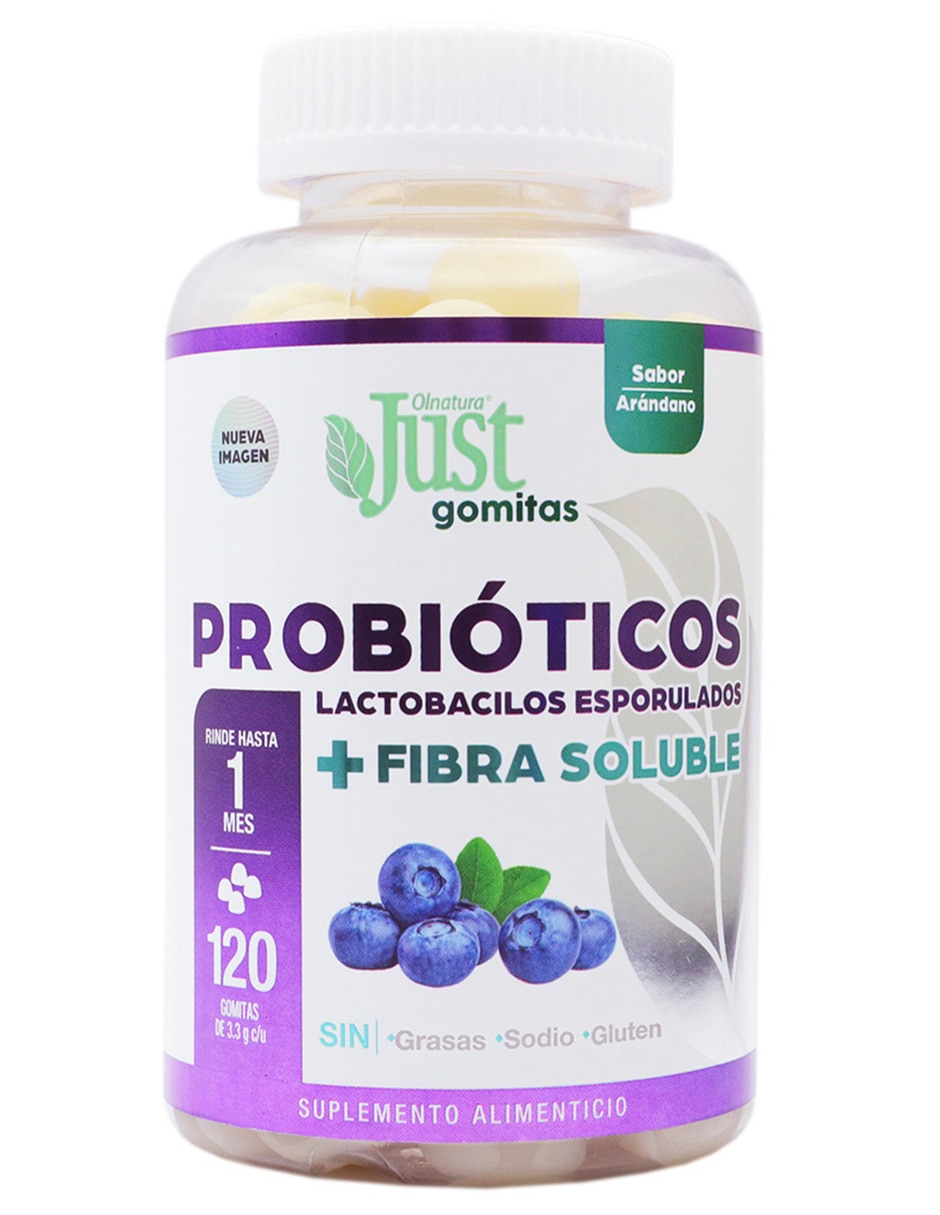 Just gomitas con probióticos lactobacilos esporulados y fibra soluble sabor arándano