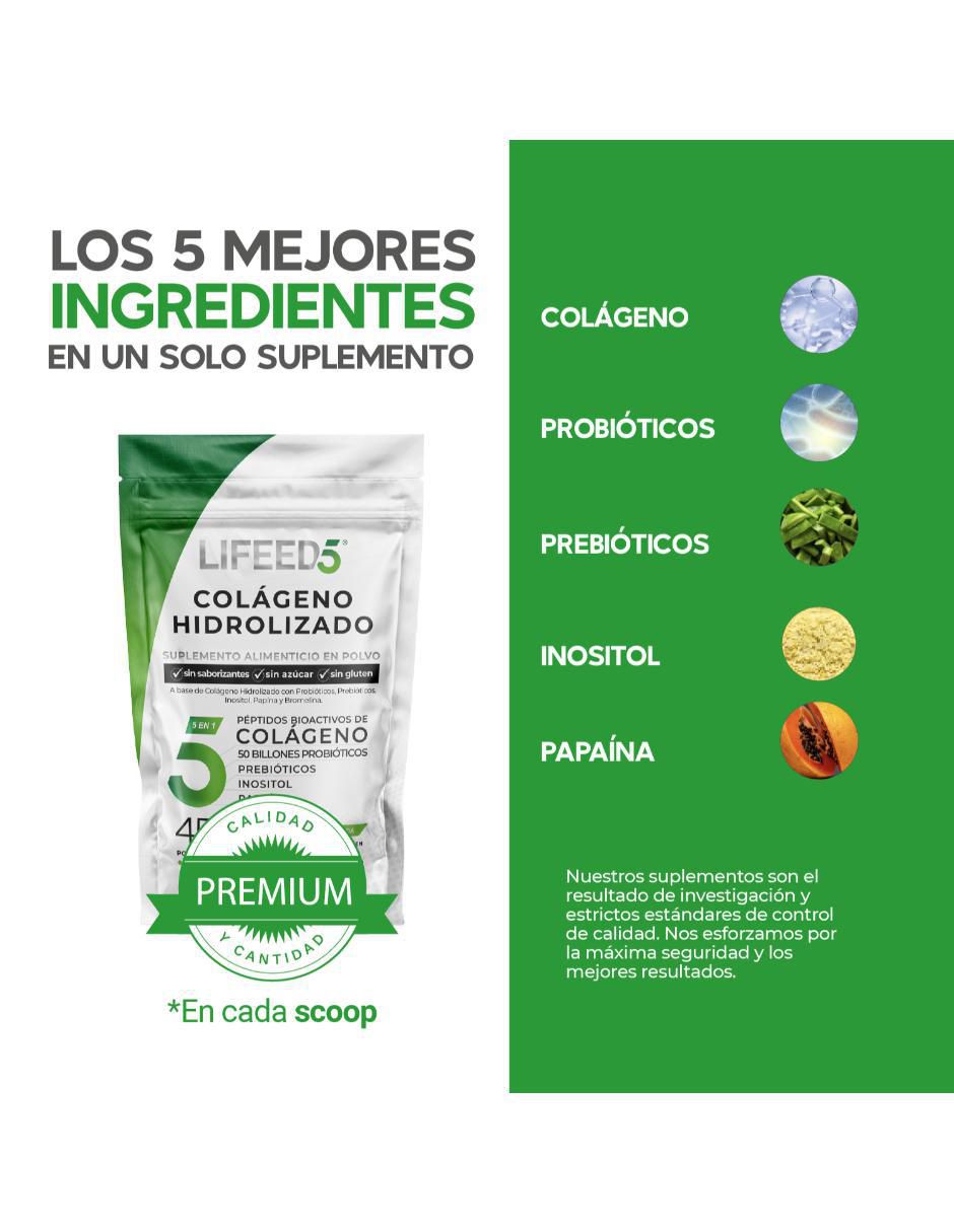 Colágeno hidrolizado, probióticos 50 billones, enzimas digestivas y prebioticos en polvo Lifeed5 de 405 g 5