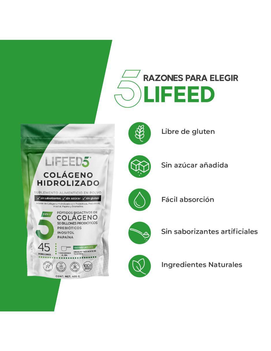 Colágeno hidrolizado, probióticos 50 billones, enzimas digestivas y prebioticos en polvo Lifeed5 de 405 g 6