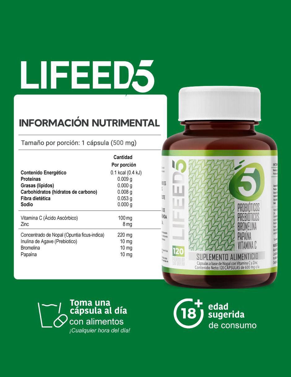 Probióticos 50 Billones, Prebióticos, Enzimas Digestivas, Vitamina C y Zinc Lifeed5 con enzimas digestivas y probióticos 5