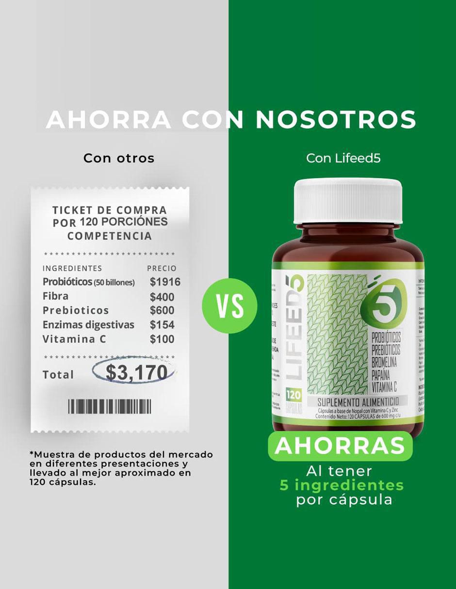 Probióticos 50 Billones, Prebióticos, Enzimas Digestivas, Vitamina C y Zinc Lifeed5 con enzimas digestivas y probióticos 6