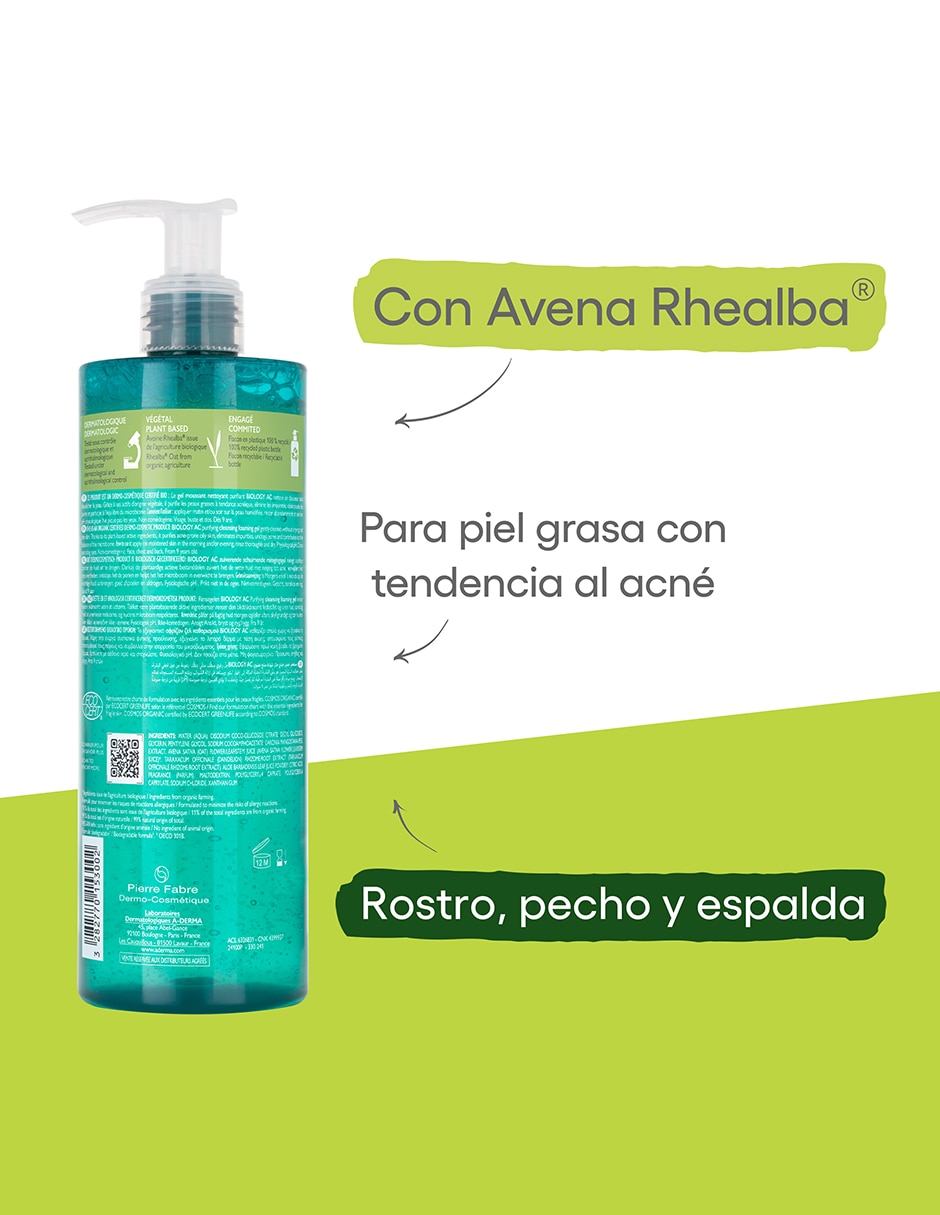 Gel para rostro limpiador gel limpiador 400 ml, piel grasa con tendencia acnéica Aderma Biology ac 2