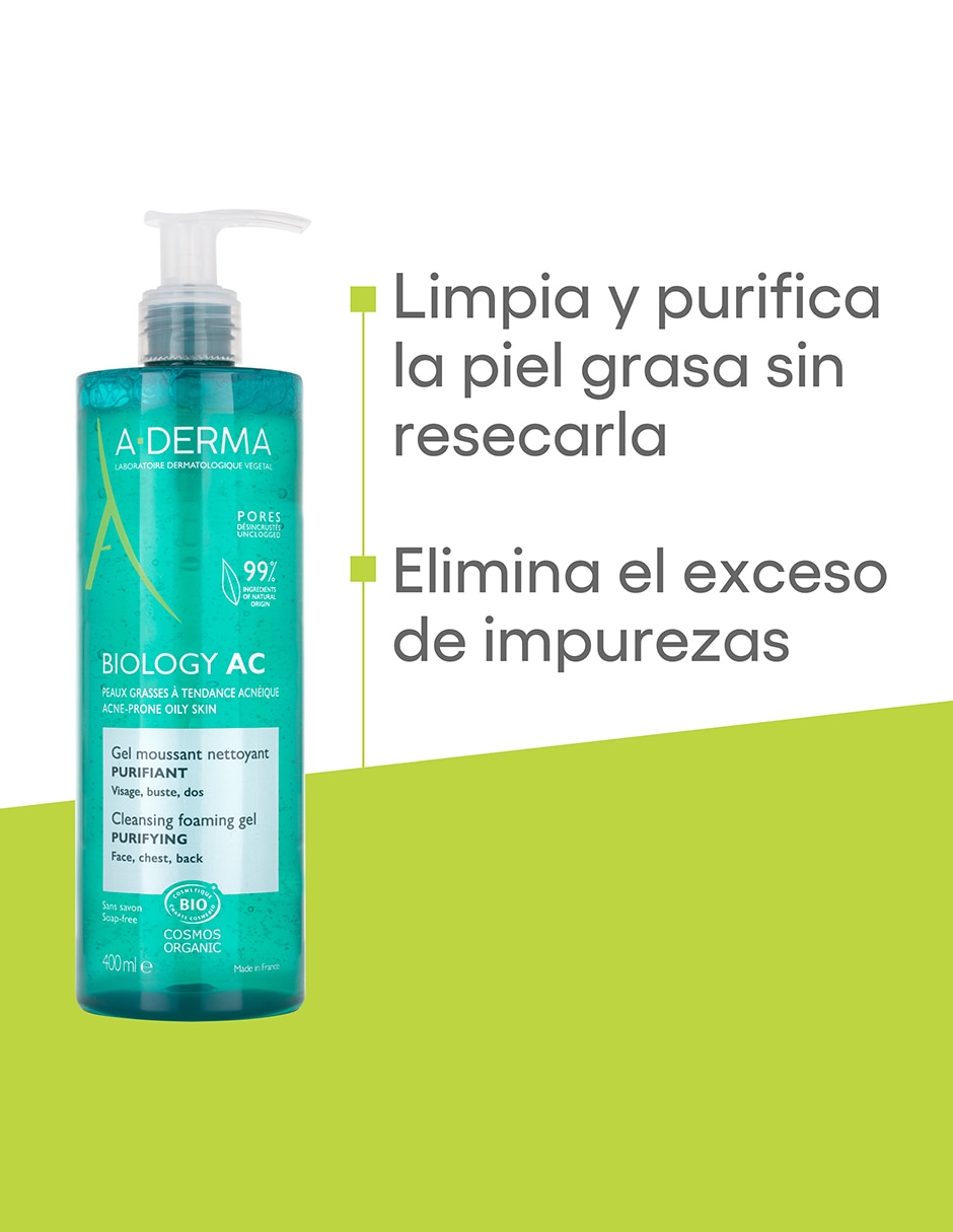 Gel para rostro limpiador gel limpiador 400 ml, piel grasa con tendencia acnéica Aderma Biology ac 3