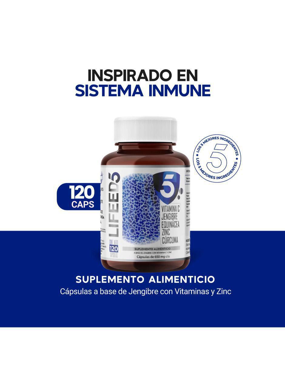 Reforzador inmune con Vitamina C, Vitamina D3, Jengibre, Equinacea, Zinc, Cúrcuma Lifeed5 3