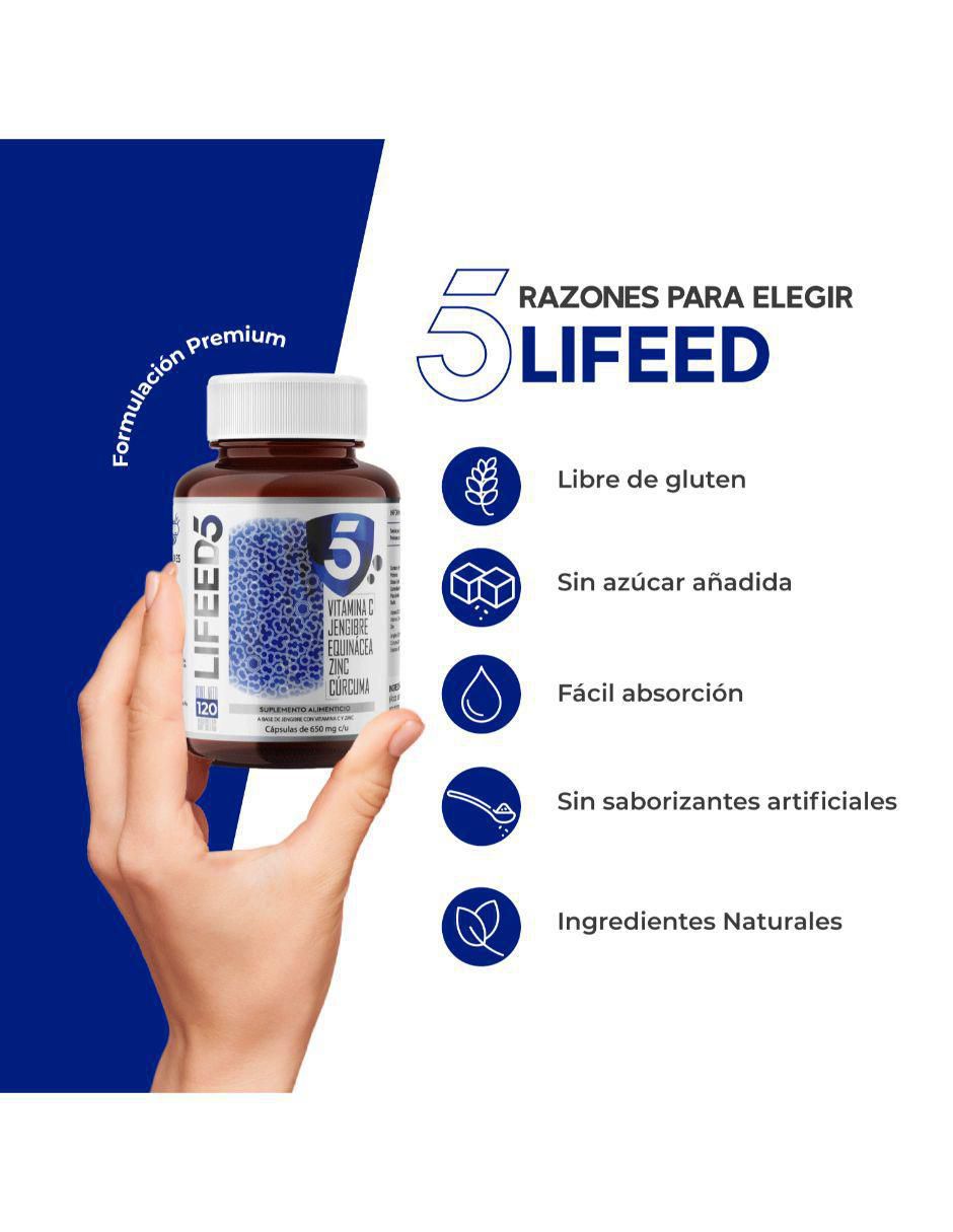 Reforzador inmune con Vitamina C, Vitamina D3, Jengibre, Equinacea, Zinc, Cúrcuma Lifeed5 6