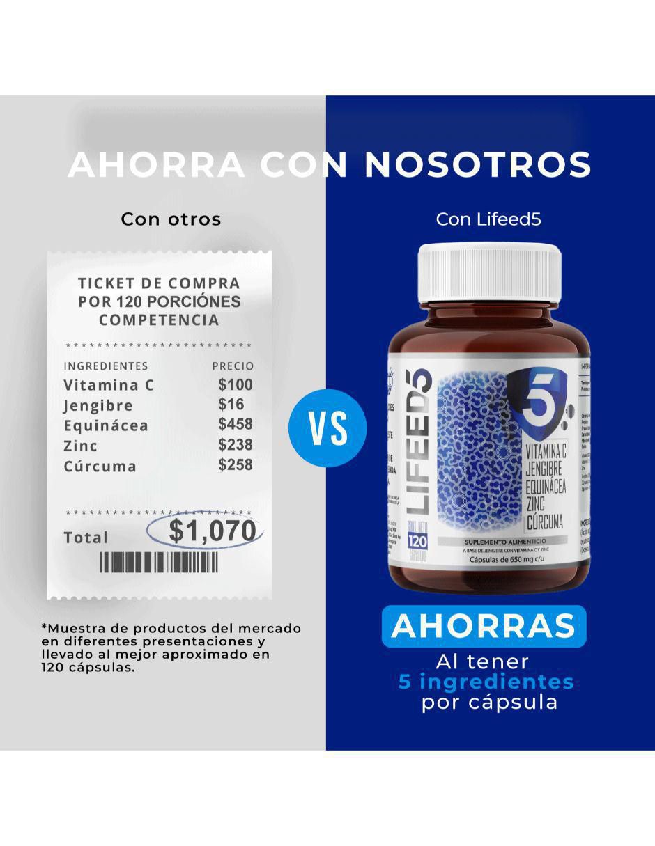 Reforzador inmune con Vitamina C, Vitamina D3, Jengibre, Equinacea, Zinc, Cúrcuma Lifeed5 7