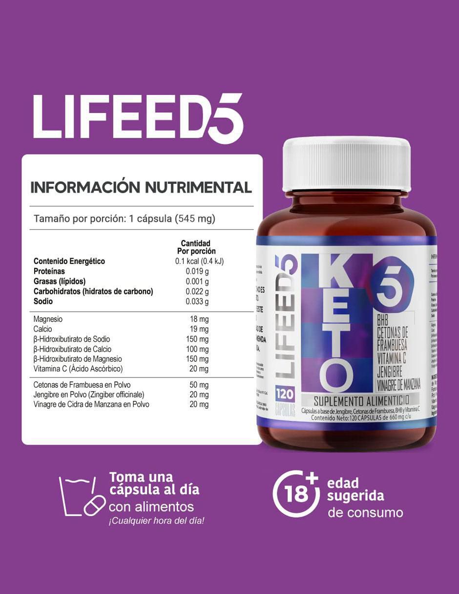 Keto con Cetonas de Frambuesa, BHB + Calcio + Magnesio + Vinagre de Manzana + Jengibre + Vitamina C Lifeed5 5