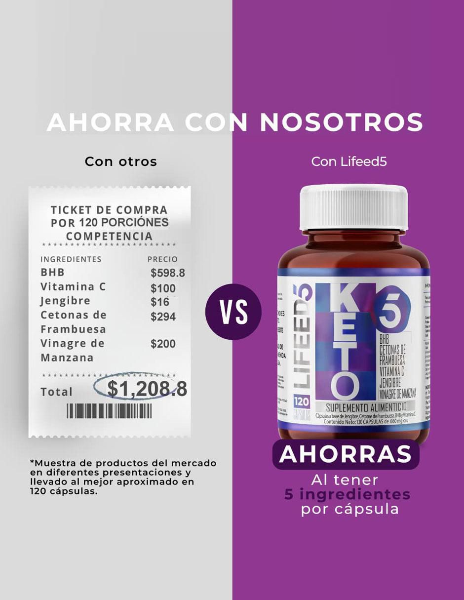 Keto con Cetonas de Frambuesa, BHB + Calcio + Magnesio + Vinagre de Manzana + Jengibre + Vitamina C Lifeed5 6
