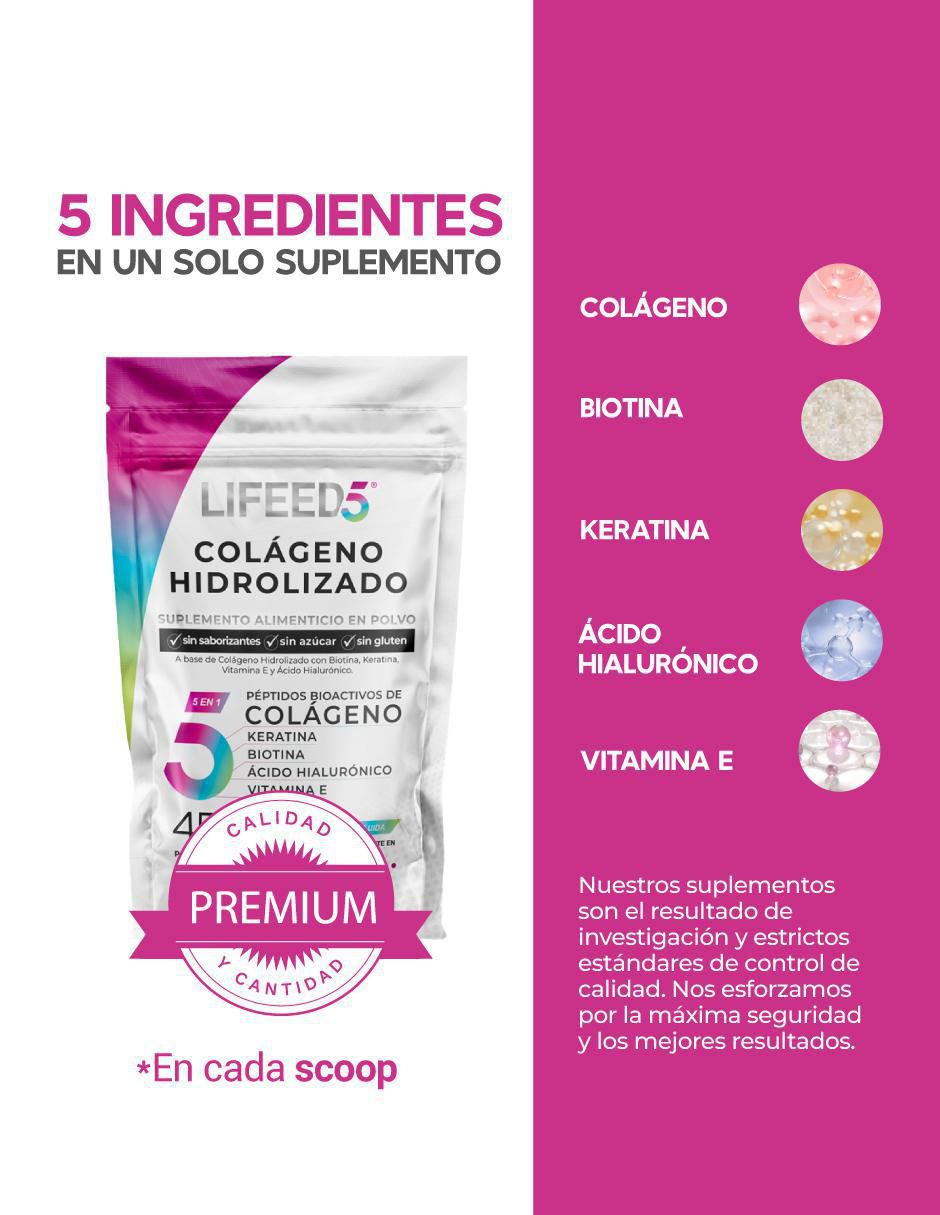 Colágeno Hidrolizado + Biotina + Keratina +Acido Hialurómico + Vitamina E para cabello y uñas 2 pack Lifeed5 4