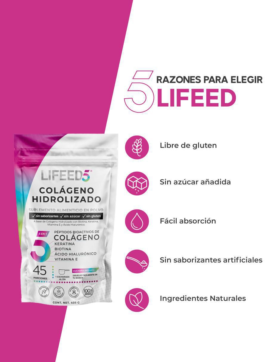 Colágeno Hidrolizado + Biotina + Keratina +Acido Hialurómico + Vitamina E para cabello y uñas 2 pack Lifeed5 5