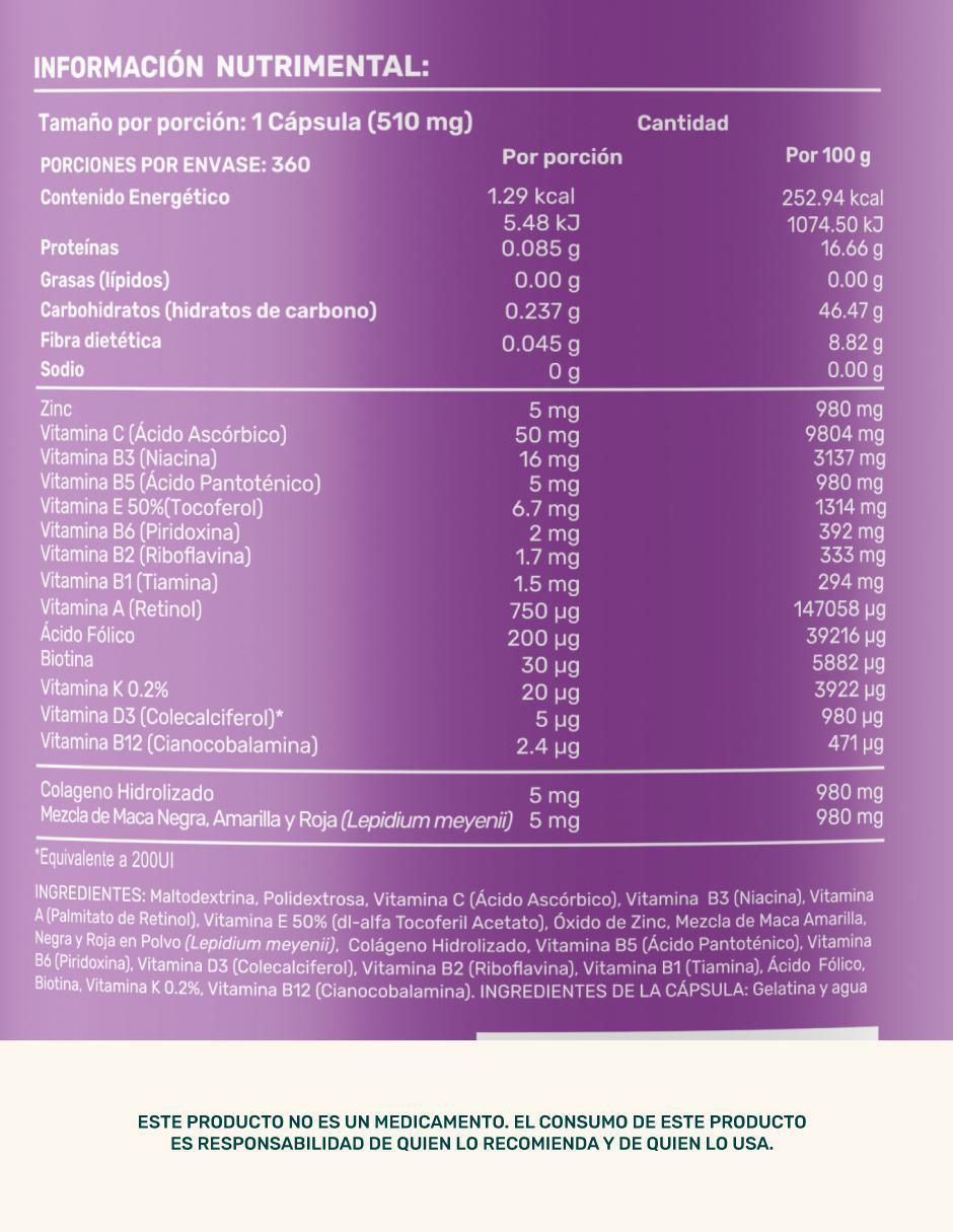 Suplementos para mujer Multivitamínico 2Pack Life 360+ con inositol, biotina, colágeno hidrolizado, vitamina b1, b2, b3, b5, b6, b12, c, D3, e, k, ácido fólico, zinc, maca negra, maca amarilla y maca roja 6