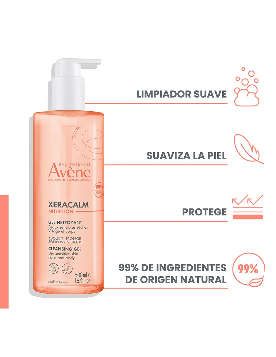 Limpiador facial Xeracalm nutrition gel limpiador higiene suave para piel seca y sensible rostro y cuerpo 500 ml Avène para calmar la piel 3