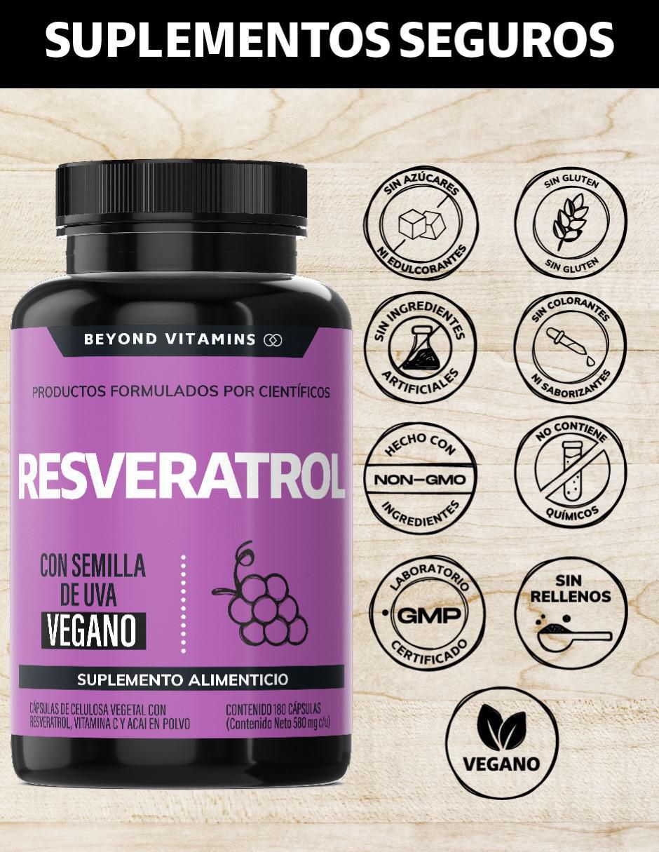 Resveratrol, semilla de uva, Acai en polvo, Vitamina C, Pimienta negra con resveratrol sabor natural de 180 cápsulas 4