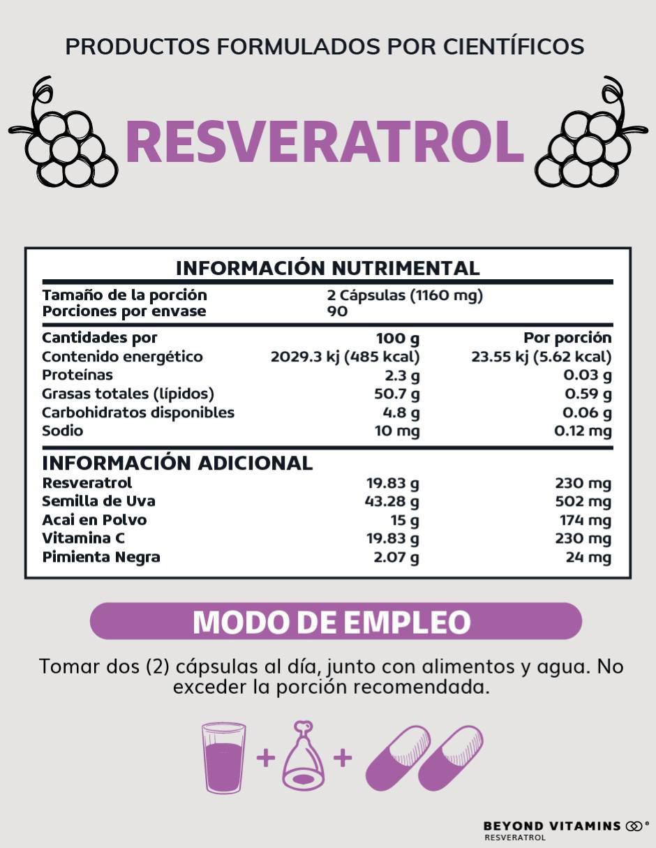 Resveratrol, semilla de uva, Acai en polvo, Vitamina C, Pimienta negra con resveratrol sabor natural de 180 cápsulas 6