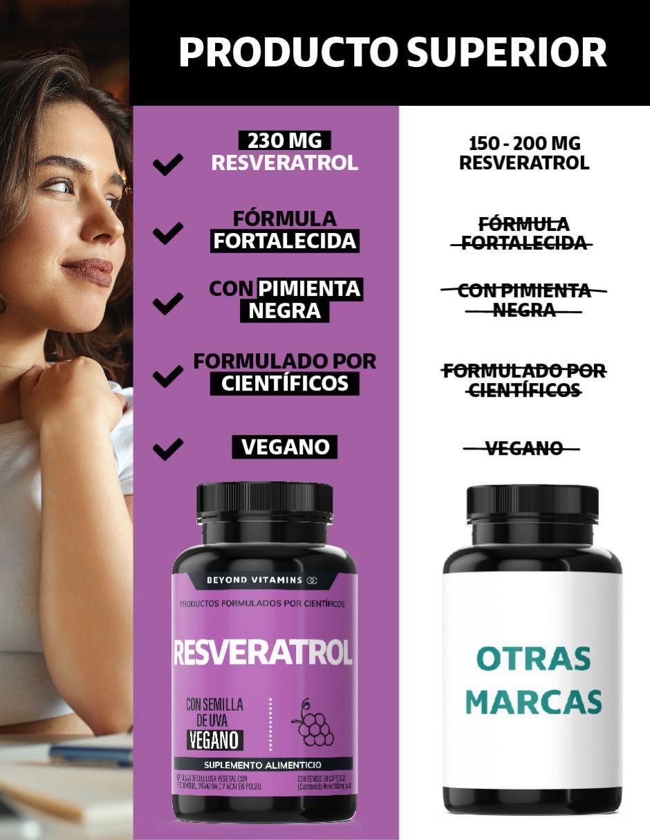 Resveratrol, semilla de uva, acai en polvo, vitamina C, pimienta negra con resveratrol sabor natural de 60 cápsulas 2