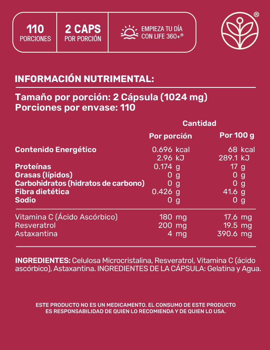 Resveratrol, Astaxantina y Vitamina C Life 360+ Antioxidante de 1024 mg por porción. 14