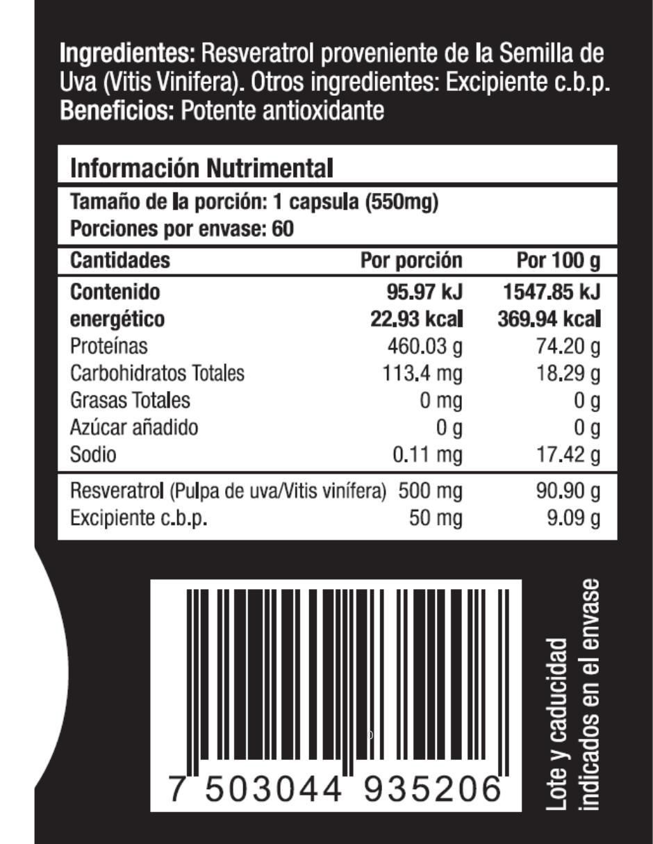 Resveratrol sabor natural de 60 cápsulas 2