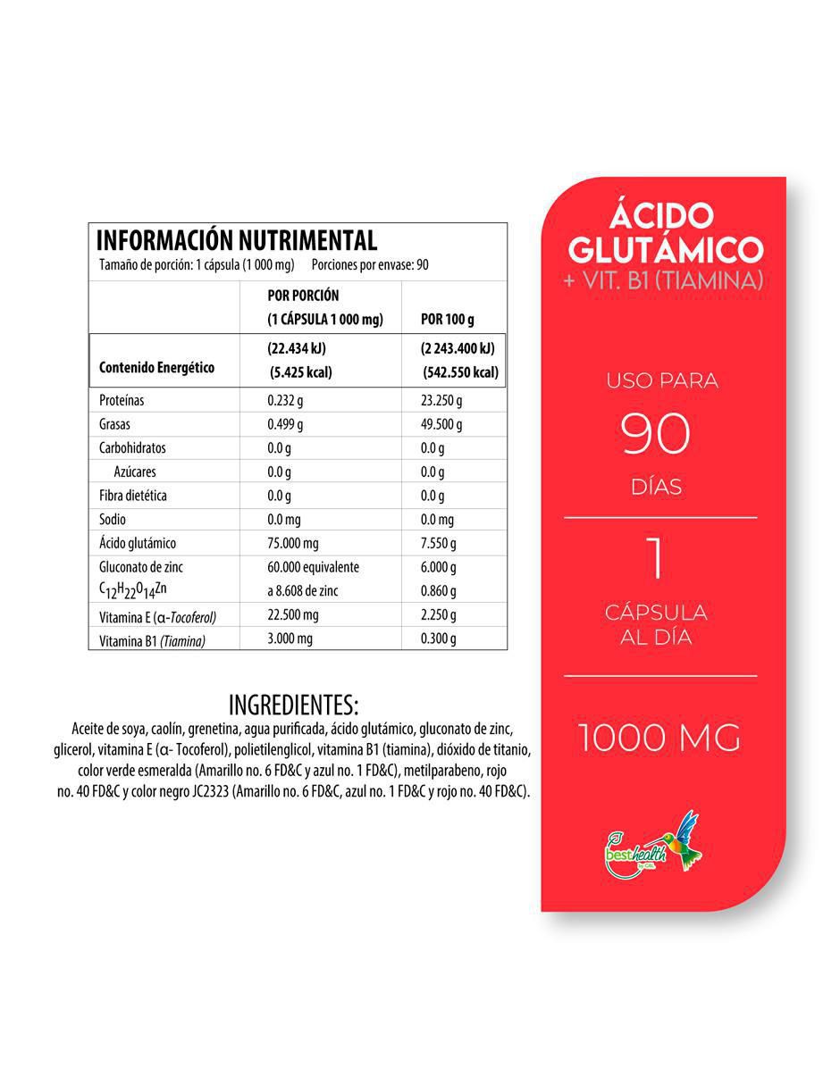 Ácido Glutámico + Tiamina con ácido glutámico + vitamina b1 de 90 cápsulas 3