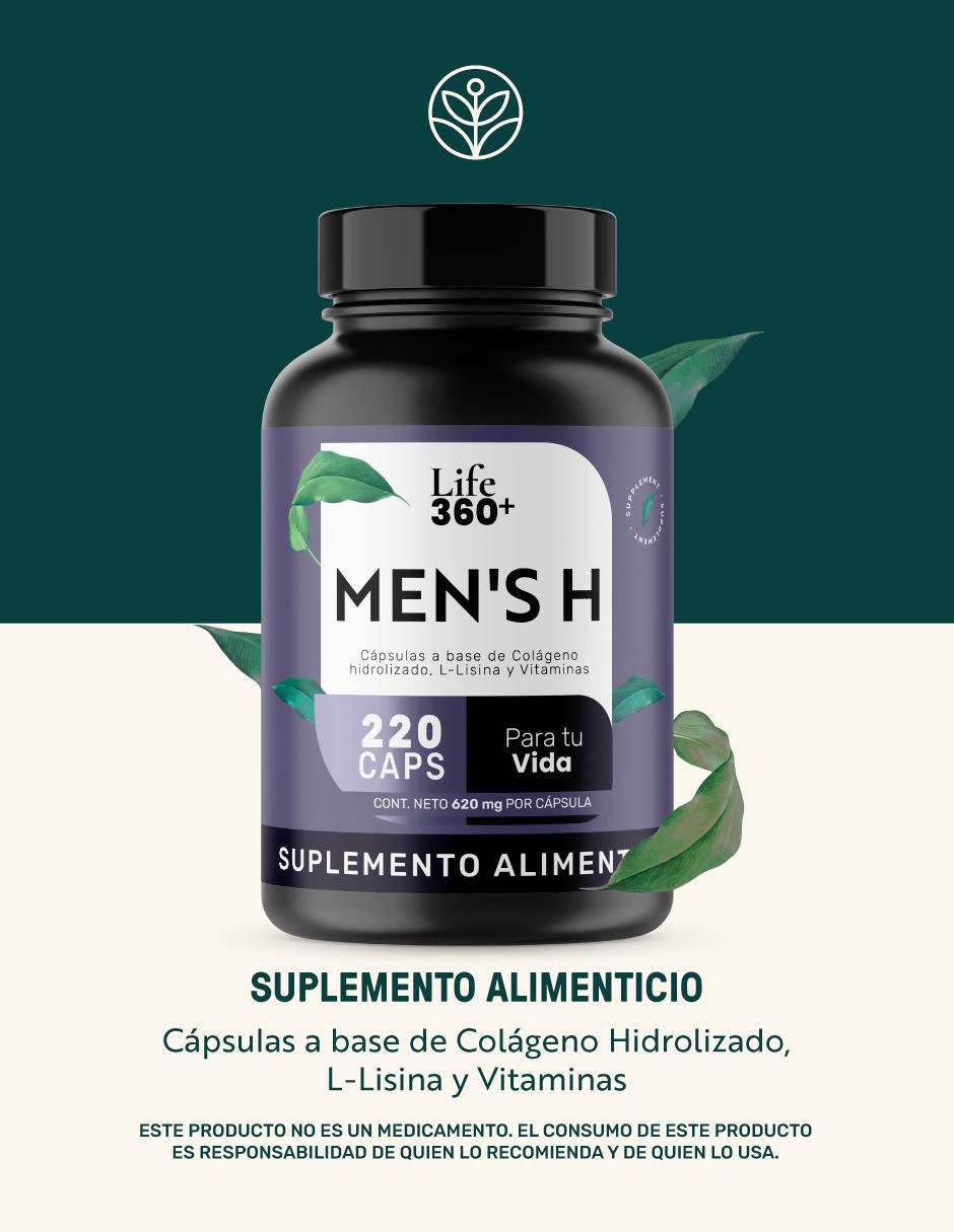 Men's H: Colágeno Hidrolizado + Vitaminas + Estearato Magnesio + L-Lisina Life 360+ 2