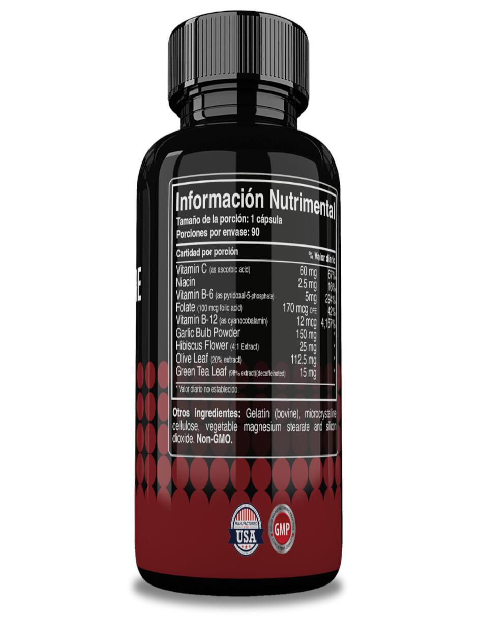 Blood Pressure con vitamina C, vitamina b6, vitamina b12, bulbo de ajo en polvo, flor de hibisco, hoja de olivo, extracto de espino blanco, hoja de buchu, hoja de uva ursi, baya de enebro y hoja de té verde 3