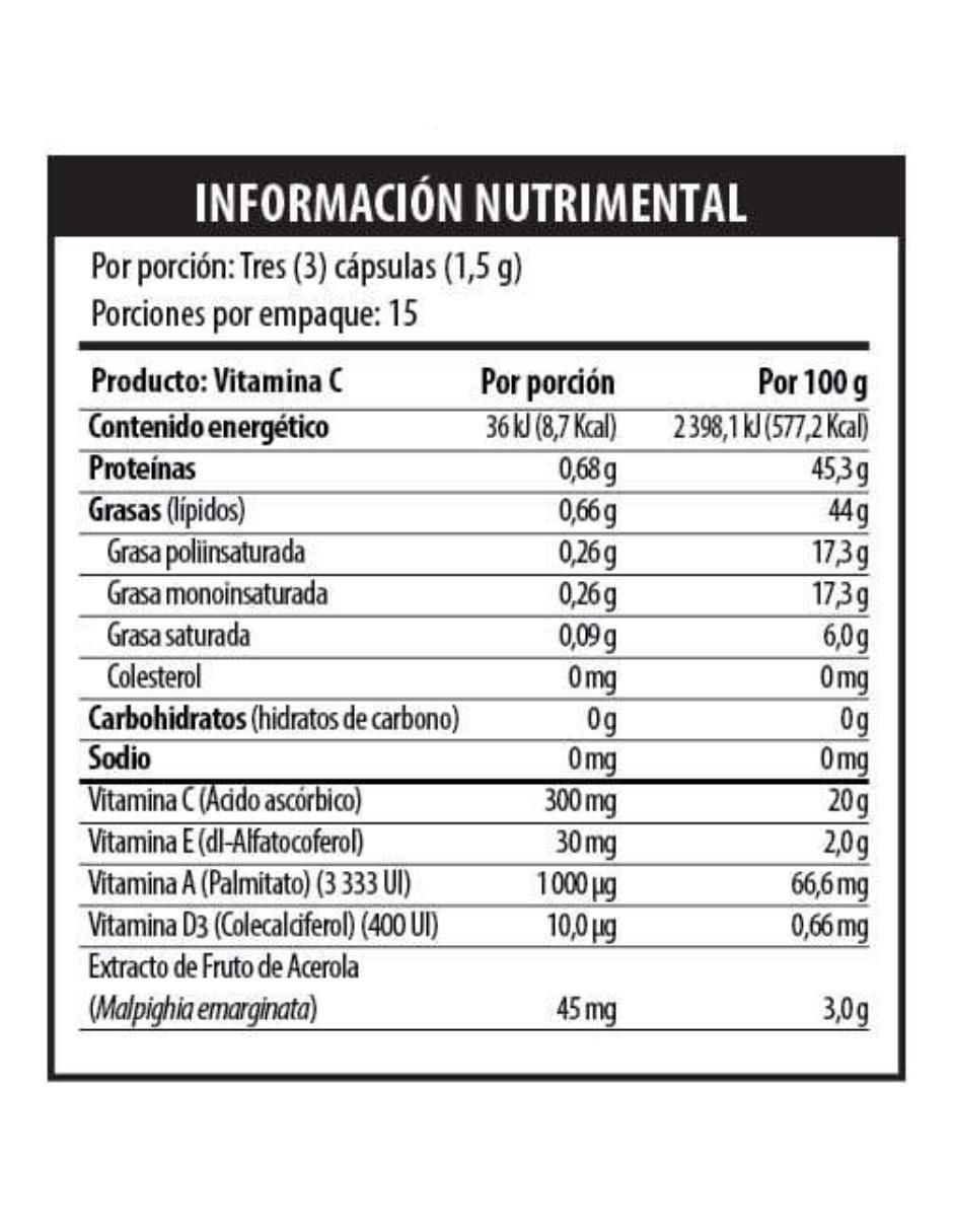 Vitamina C + Vitaminas A, D, E
Fruto de Acerola de 45 cápsulas 2