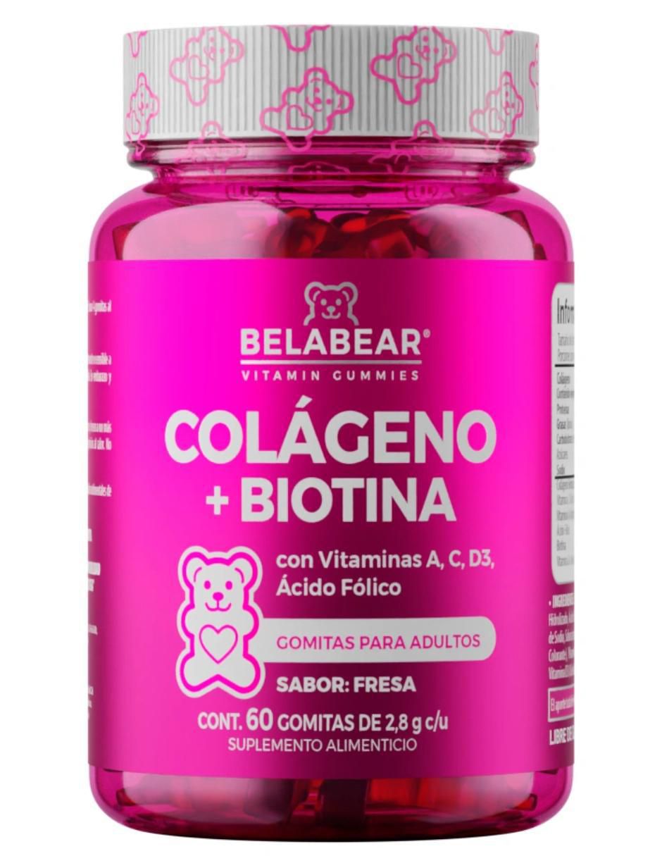 Colágeno + Biotina Vitamina A, C, D sabor fresa de 60 gomitas