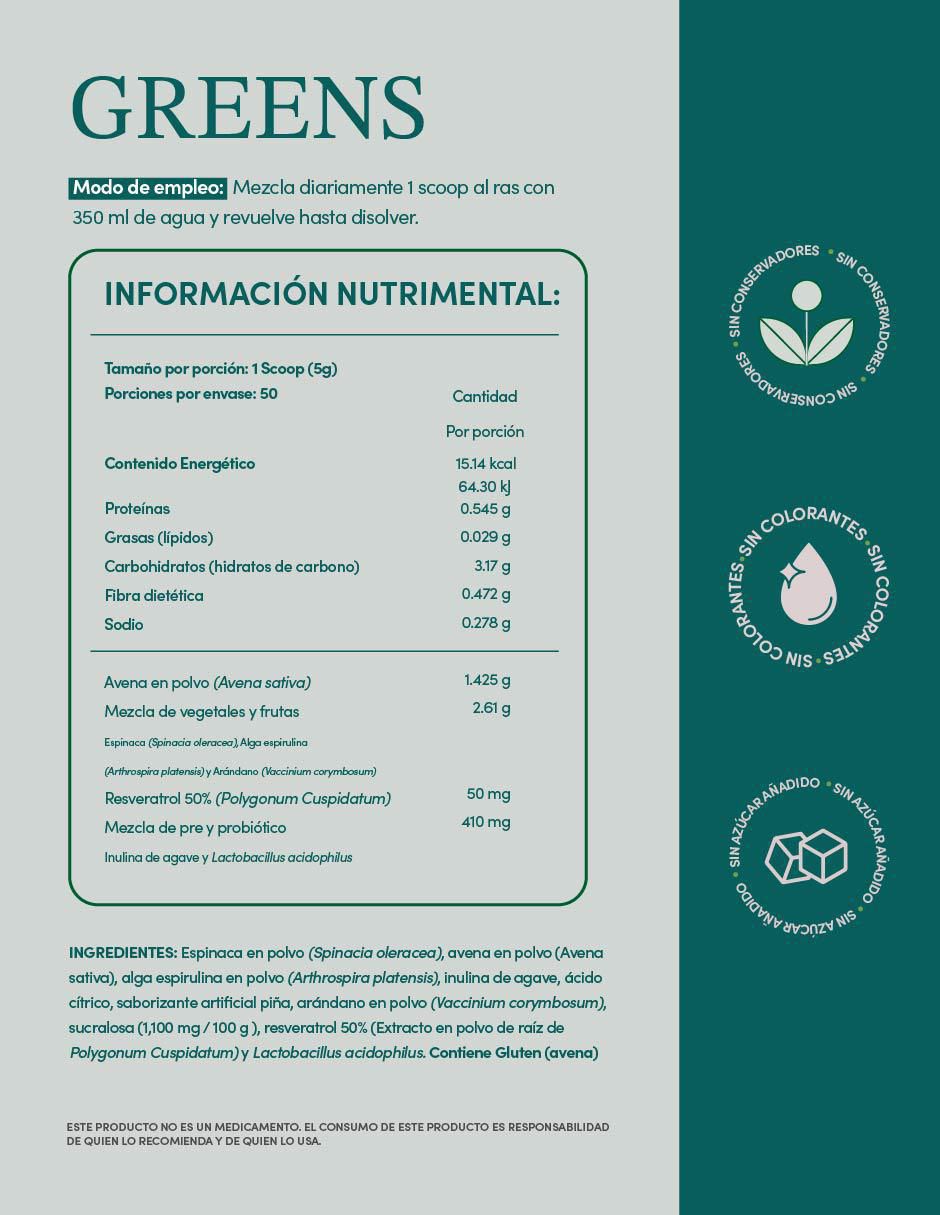 Greens: Suplemento en polvo a base de espinaca, avena, arándano, espirulina y probióticos con resveratrol sabor piña 3