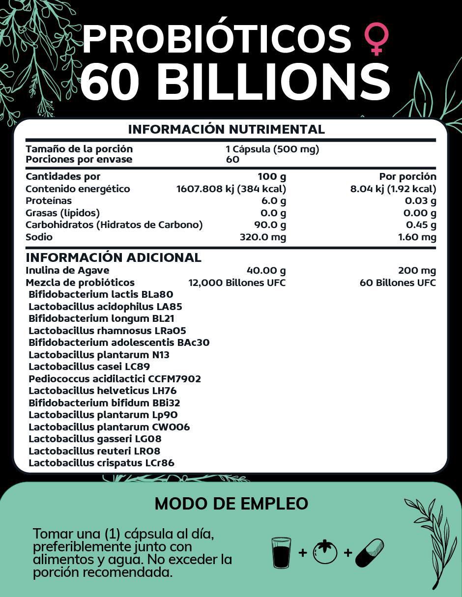 Probioticos 60 Billion + Prebióticos con probióticos, prebióticos, inulina de agave y aloe vera de 60 cápsulas 5