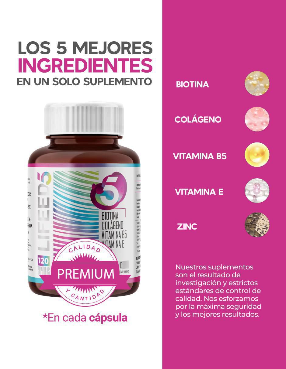 Vitaminas Cabello, Piel y Uñas con Biotina, Colageno Hidrolizado Puro, Vitamina E, Vitamina B5 y Zinc 4