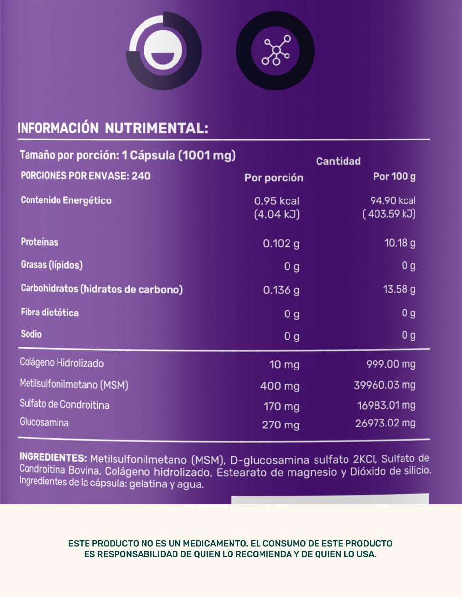 Jnts Blend: MSM Metilsulfonilmetano, D-glucosamina, Sulfato de Condroitina Bovina, Colágeno Hidrolizado, Estearato de Magnesio y Dióxido de Silicio Life 360+ con metilsulfonilmetano de 240 cápsulas 3