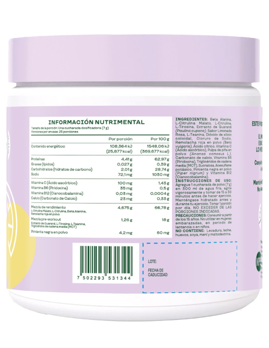 Pre-Workout con vitamina C, b6, b12 y calcio sabor limonada rosa de 175 g 3