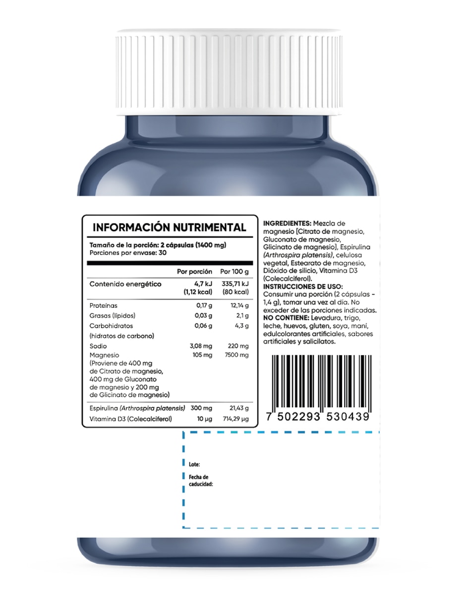 Multiblue con citrato de magnesio, gluconato de magnesio, glicinato de magnesio, espirulina y vitamina d3 3