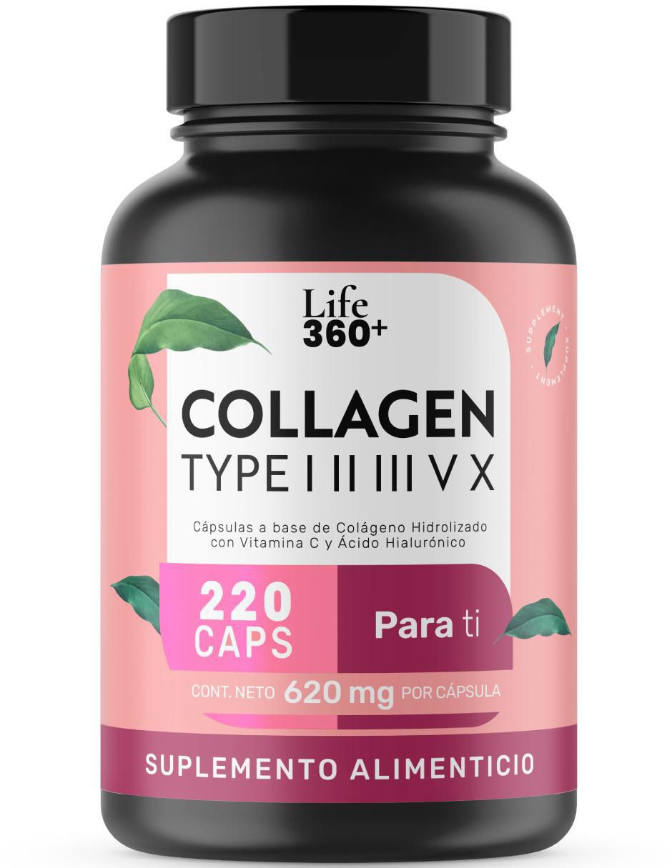Collagen Type I, II, III, V y X: Colágeno Hidrolizado + Vitmina C + Ácido Hialurónico Life 360+ de 220 cápsulas Collagen Type I, II, III, V y X: Colágeno Hidrolizado + Vitmina C + Ácido Hialurónico Life 360+ de 220 cápsulas
