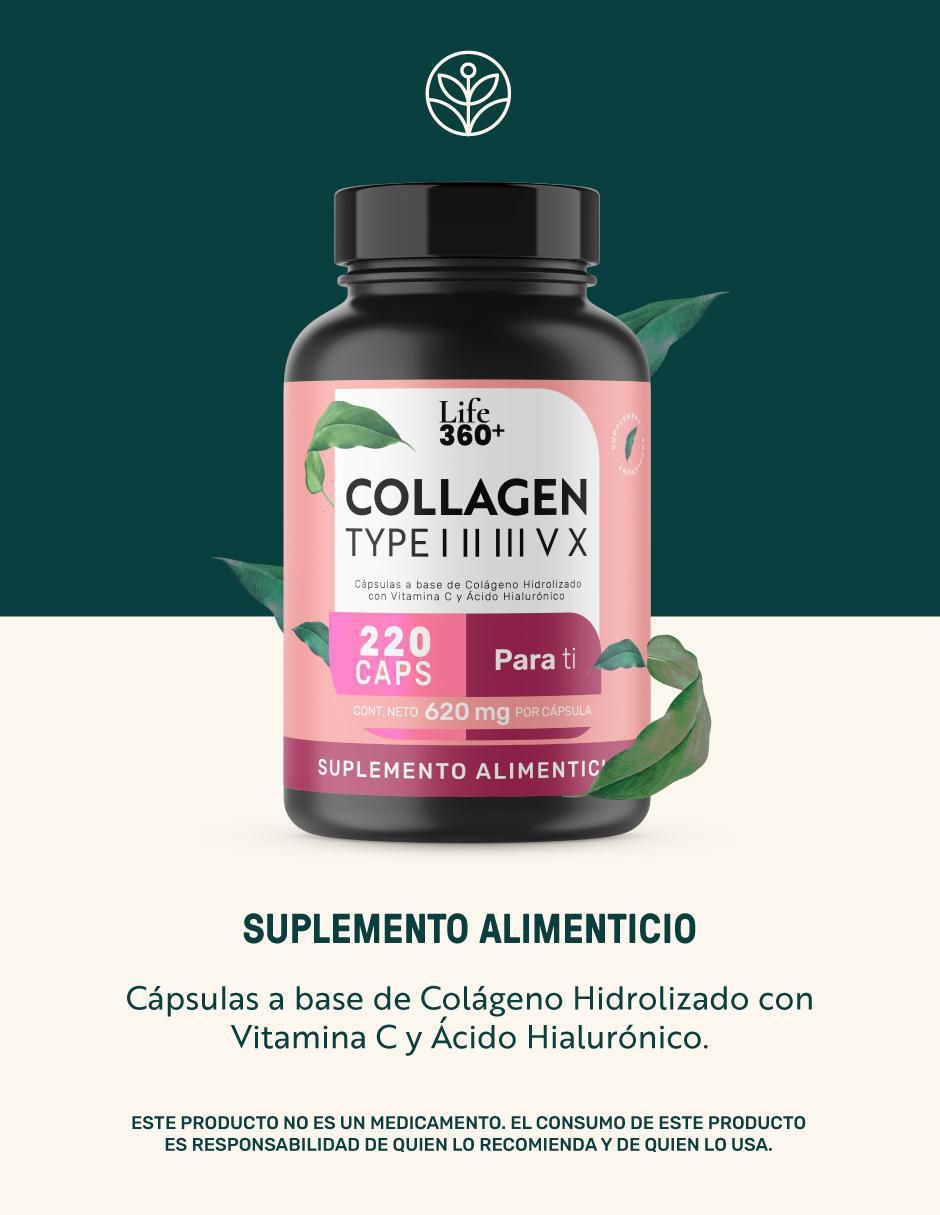 Collagen Type I, II, III, V y X: Colágeno Hidrolizado + Vitmina C + Ácido Hialurónico Life 360+ de 220 cápsulas 3