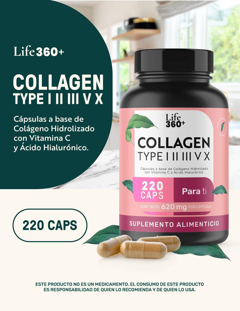 Collagen Type I, II, III, V y X: Colágeno Hidrolizado + Vitmina C + Ácido Hialurónico Life 360+ de 220 cápsulas 5
