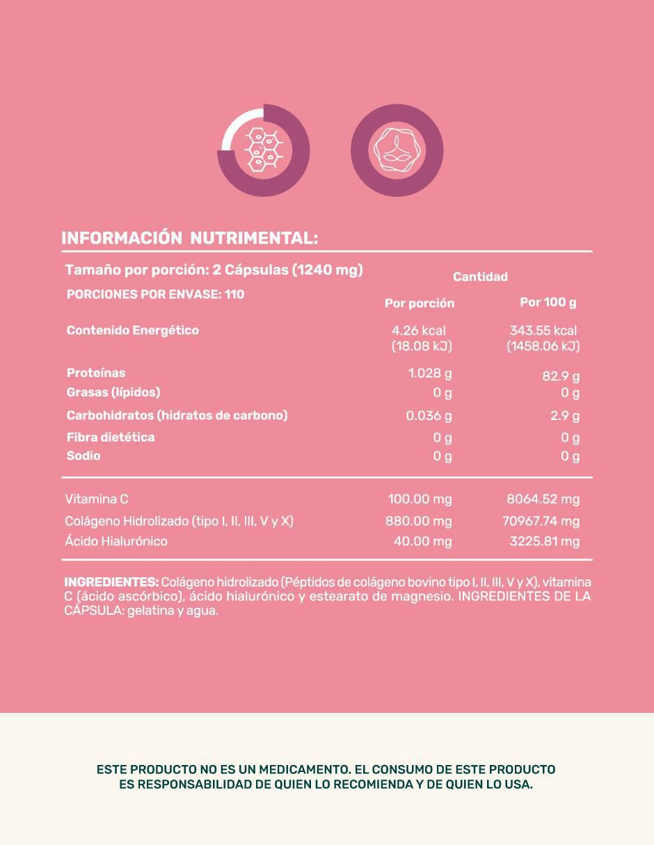 Collagen Type I, II, III, V y X: Colágeno Hidrolizado + Vitmina C + Ácido Hialurónico Life 360+ de 220 cápsulas 2