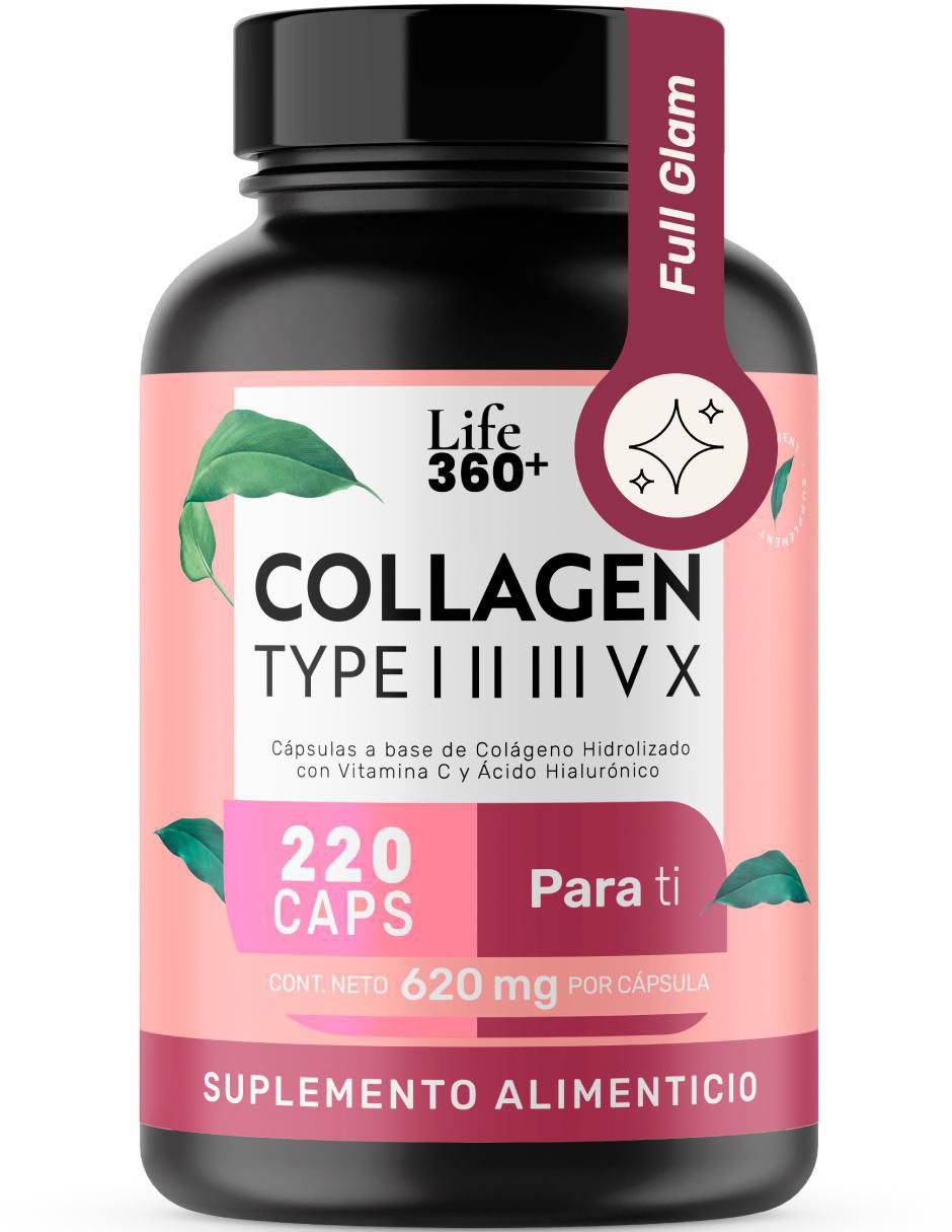 Collagen Type I, II, III, V y X: Colágeno Hidrolizado + Vitmina C + Ácido Hialurónico Life 360+ de 220 cápsulas 8